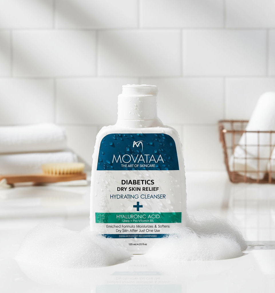 Bottle of Movataa Diabetics Dry Skin Relief Hydrating Cleanser on a white surface with a bathroom background.