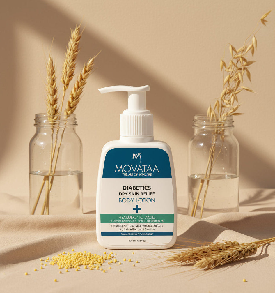 Movataa Diabetics Dry Skin Relief Body Lotion on a beige background with decorative elements.