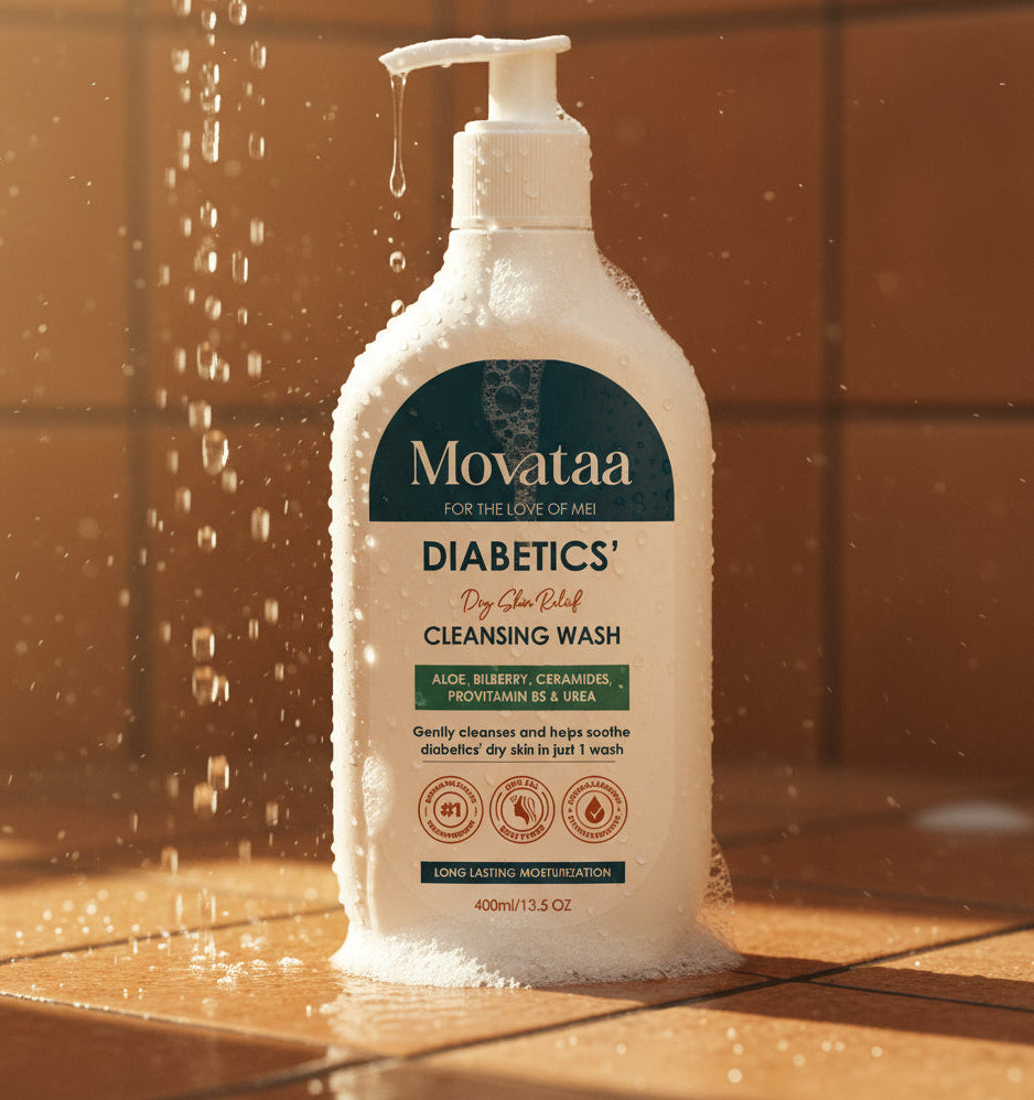 Movataa Diabetics' Cleansing Wash bottle under a shower with water droplets.