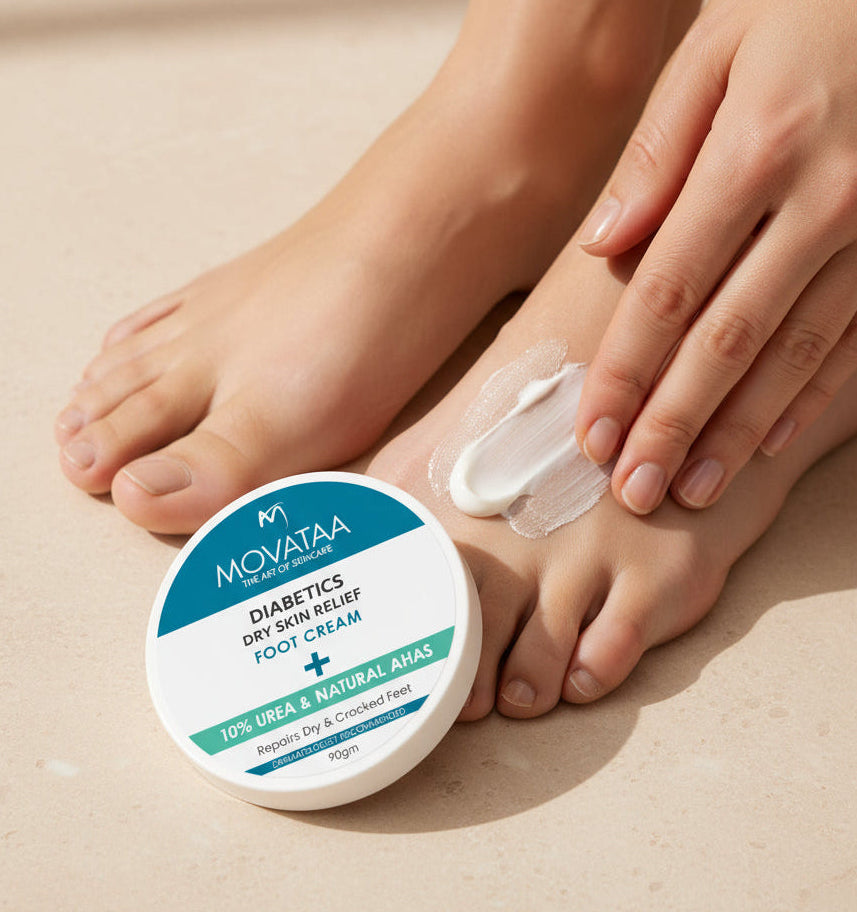 Person applying Movataa foot cream to their foot with a container of the cream next to them.