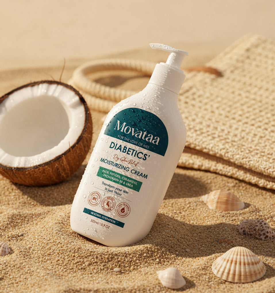 Moovataa Diabetics moisturizing cream bottle on a sandy background with a coconut and shells.