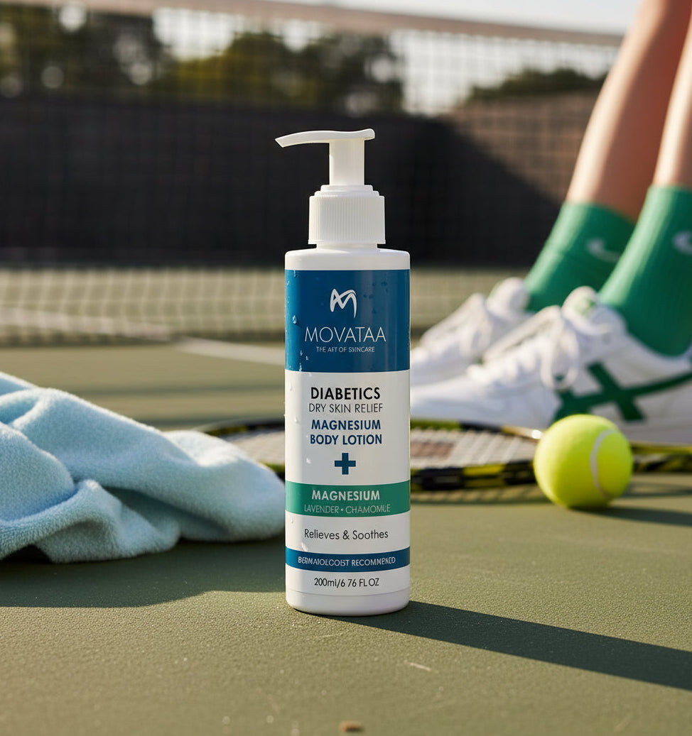 Movataa magnesium body lotion on a tennis court with a tennis ball and racket.